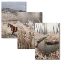 Canvas Art Set Of 3 - Horses in A Landscape Grasses & Winter Stream, Beige Picture Print, Landscapes Wall Decor - thumbnail 2
