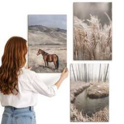 Canvas Art Set Of 3 - Horses in A Landscape Grasses & Winter Stream, Beige Picture Print, Landscapes Wall Decor - thumbnail 3
