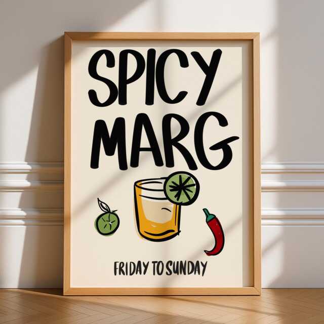 Spicy Margarita Print, Unframed Art, Bold Kitchen Posters, Trendy Bright Decor, Living, Typography, Retro, Alcohol, Cocktails, Bar, Marg - image 1