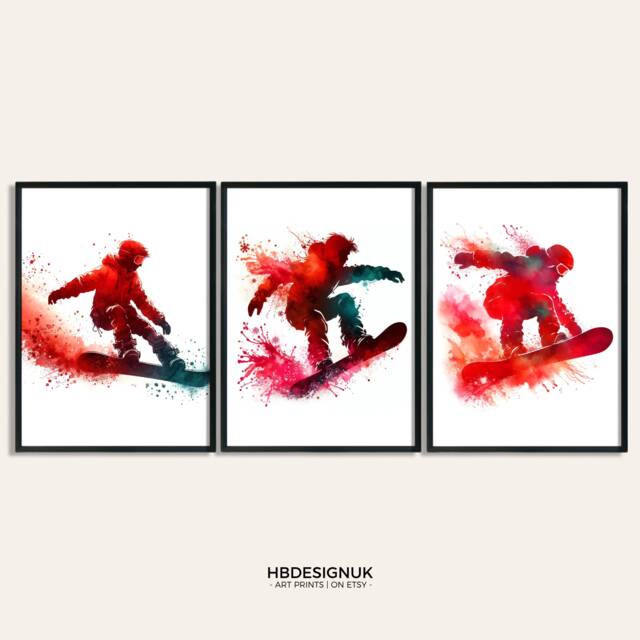 Snowboarding Poster Boy Set - Of 3 Snowboard Posters - Watercolour Art Prints Decor Gift For Snowboarder Boys Room Wall - image 1