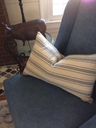 Grain Sack Lumbar Pillow Cover - Farmhouse Ticking Beige Background Blue 12 Stripe Zipper Closure - thumbnail 1