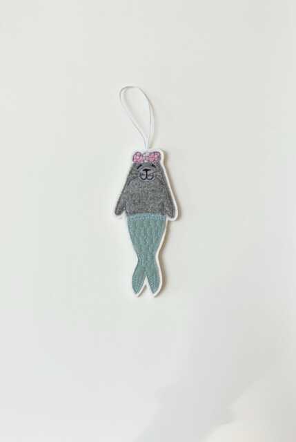 Seal Mermaid Christmas Decoration, Ornament, Tree, Hanging Flowers, Fabric, Embroidery Art, Cornwall - image 1
