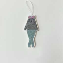 Seal Mermaid Christmas Decoration, Ornament, Tree, Hanging Flowers, Fabric, Embroidery Art, Cornwall - thumbnail 2