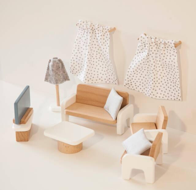 Wooden Dollhouse Living Room Furniture Set, Miniature Sofa, Armchairs, Table - image 1