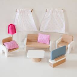 Wooden Dollhouse Living Room Furniture Set, Miniature Sofa, Armchairs, Table - thumbnail 2