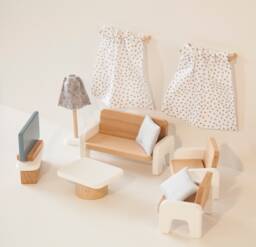 Wooden Dollhouse Living Room Furniture Set, Miniature Sofa, Armchairs, Table - thumbnail 1