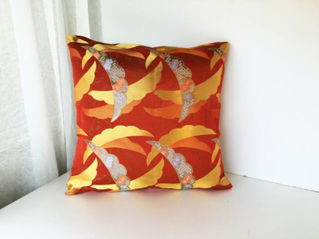 Golden Brocade Pillow Case, Japanese Obi Brocade, Sofa Bedding, Japan Throw Kimono Cushion, Orange & Gold Decor Cover - image 1