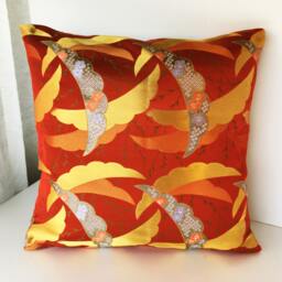 Golden Brocade Pillow Case, Japanese Obi Brocade, Sofa Bedding, Japan Throw Kimono Cushion, Orange & Gold Decor Cover - thumbnail 2