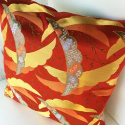 Golden Brocade Pillow Case, Japanese Obi Brocade, Sofa Bedding, Japan Throw Kimono Cushion, Orange & Gold Decor Cover - thumbnail 3