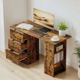 120cm Computer Desk Rustic Brown Study Table With Shelves & Drawers, Modern Home Office Desk - thumbnail 2