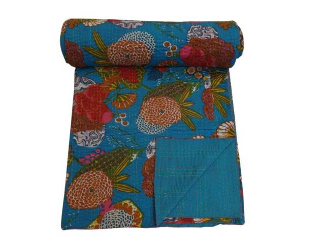 Handmade Kantha Quilt Bohemian Floral Queen Bedspread - image 1