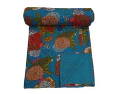 Handmade Kantha Quilt Bohemian Floral Queen Bedspread - thumbnail 1