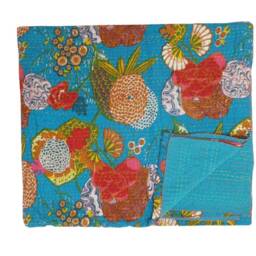 Handmade Kantha Quilt Bohemian Floral Queen Bedspread - thumbnail 2