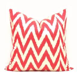 Red Chevron Ikat Pillow Cover, Handloom Silk Cotton Cushion - 20x20 - thumbnail 1