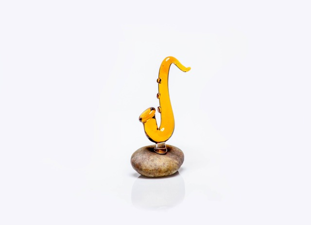 Glass Saxophone Figurine , Sea Stone Base - Music Lover Gift - image 1
