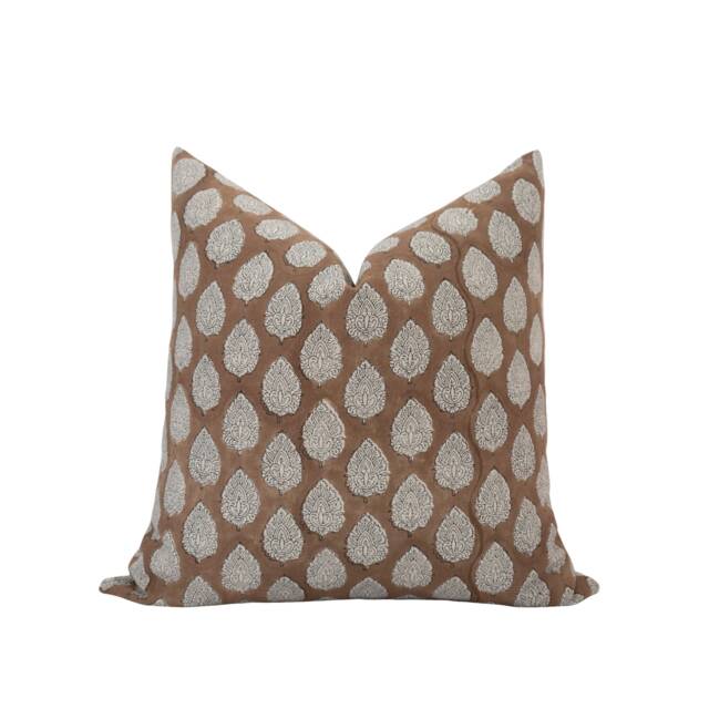 Rayna -- Caramel Block Print Pillow Cover Brown Floral Fall Camel Designer Linen Neutral - image 1