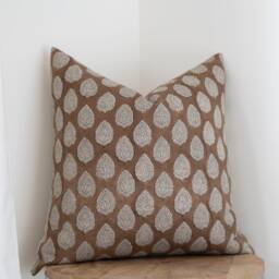 Rayna -- Caramel Block Print Pillow Cover Brown Floral Fall Camel Designer Linen Neutral - thumbnail 3