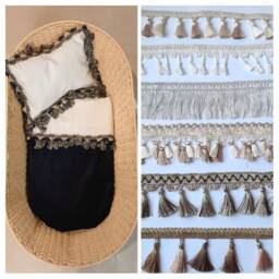 Cradle Pram Sheet, Pillow, Velvet Blanket Set - Tassel Fringe Trim, Custom Colors - thumbnail 2