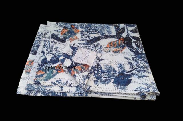 Crazy 2 Layer Unique Blue Queen/King Size Handmade Bed-Cover, Bedspread, Blanket, Coverlet, Linen Bed Sheet, 100% Cotton, Indian Kantha Quilts - image 1