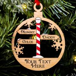 Family Of 3 North Pole Sign Christmas Tree Decoration, Up To 7 Names, Personalised Xmas Bauble, Mum Dad Son Daughter Child, Oak Wood - thumbnail 3