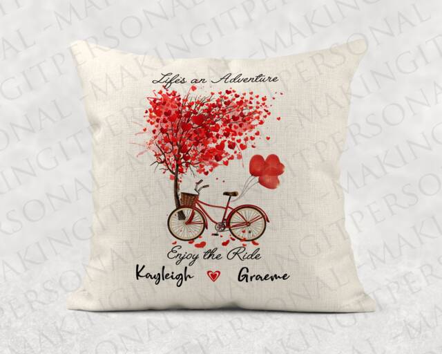Personalized Valentines Linen Cushion, Adventure Bicycle Pillow Cover - image 1