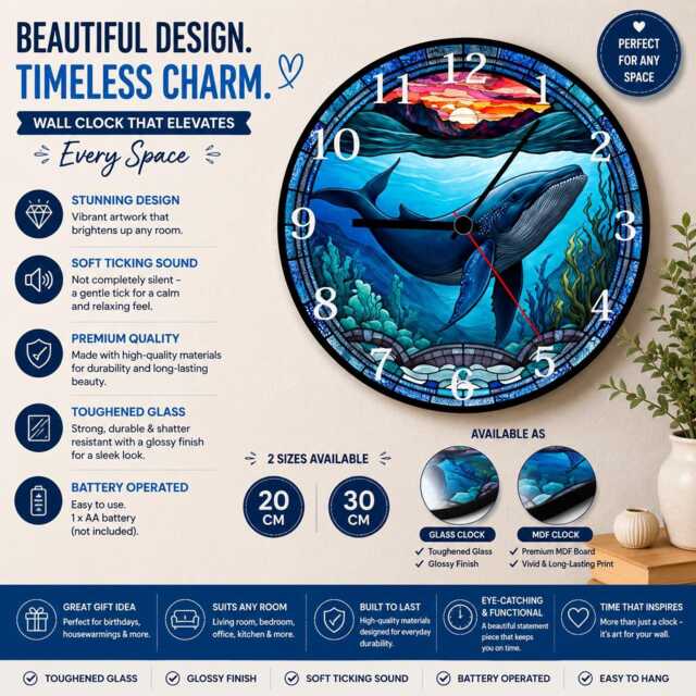 Blue Whale Faux Stained Glass Or Mdf Wall Clock Ocean Decor - image 1