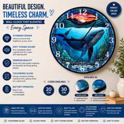 Blue Whale Faux Stained Glass Or Mdf Wall Clock Ocean Decor - thumbnail 1