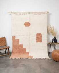 Moroccan Ivory & Peach Berber Rug, Handwoven Wool Shag Rug With Geometric Shapes, Authentic Beni Ourain Style Carpet, Large 9x12 Area - thumbnail 1
