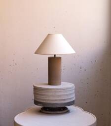 Handmade Ceramic Table Lamp, A Lighting & Decorative Object. Caramel-Colored Base Off-White Canvas Shade