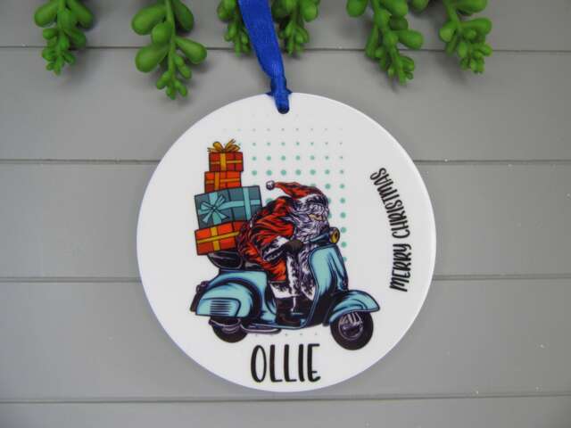 Personalised Christmas Bauble Keepsake, Moped Santa, Gift For Him. Motorbike Scooter Gift. Ornament For Dad, Uncle, Son, Brother - image 1