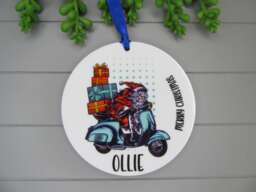 Personalised Christmas Bauble Keepsake, Moped Santa, Gift For Him. Motorbike Scooter Gift. Ornament For Dad, Uncle, Son, Brother