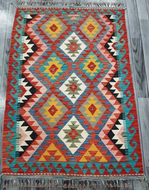 Multicolour Rug, Handmade Artisan Afghan Turkish Scandinavian Navajo Bohemian Flatweave Wool Kilim 146x103 cm - image 1