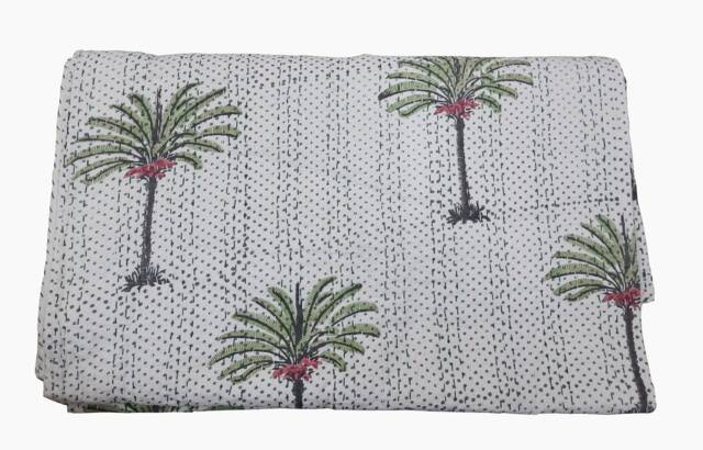 Handmade Palm Tree Kantha Quilt Indian Cotton Bedspread - 90x108 InchFloral Print Throw - image 1