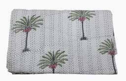 Handmade Palm Tree Kantha Quilt Indian Cotton Bedspread - 90x108 InchFloral Print Throw