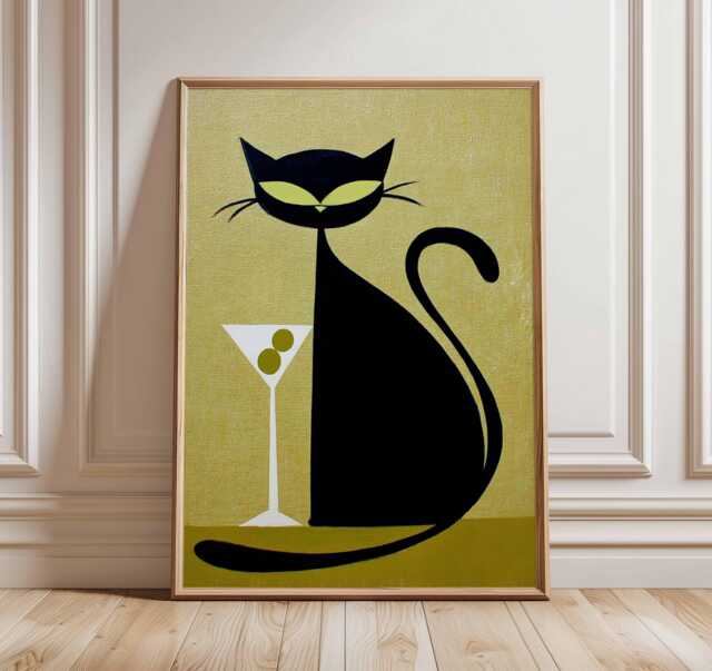 Mid Century Modern Cat Wall Art, Retro Cocktail Poster, Vintage Black Martini Print - image 1