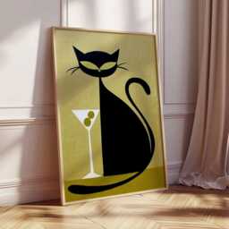 Mid Century Modern Cat Wall Art, Retro Cocktail Poster, Vintage Black Martini Print - thumbnail 2