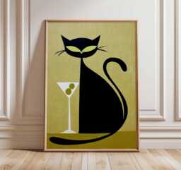 Mid Century Modern Cat Wall Art, Retro Cocktail Poster, Vintage Black Martini Print - thumbnail 1
