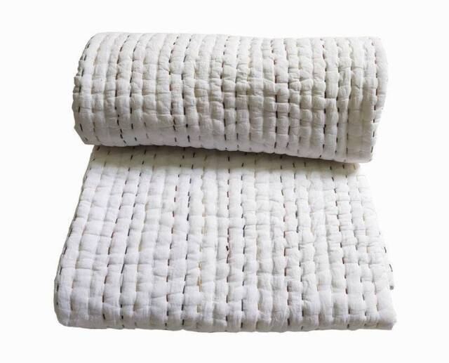 White Handmade Indian Beautiful Floral Kantha Quilt, Kantha Bedcover, Kantha Throw, Queen Size Quilt - image 1