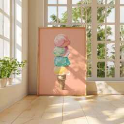 Colorful Ice Cream Cone Poster, Pastel Gelato Wall Art Print, Summer Dessert Illustration, Playful Kitchen Or Cafe Decor - thumbnail 2