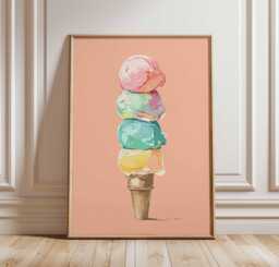 Colorful Ice Cream Cone Poster, Pastel Gelato Wall Art Print, Summer Dessert Illustration, Playful Kitchen Or Cafe Decor