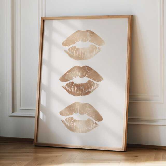 Lips Wall Art Beige Trendy Home Prints Girly Aesthetic Neutral Dorm Room Decor Makeup Kiss Poster Stylish Retro - image 1