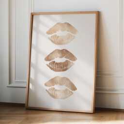 Lips Wall Art Beige Trendy Home Prints Girly Aesthetic Neutral Dorm Room Decor Makeup Kiss Poster Stylish Retro - thumbnail 1