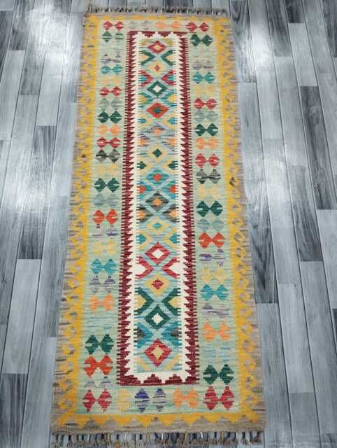 Colourful Runner Rug, Handmade Artisan Afghan Turkish, Scandinavian, Navajo, Bohemian, Wool Flatweave Multicolour Kilim Rug 195x96 cm - image 1