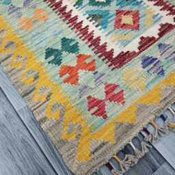 Colourful Runner Rug, Handmade Artisan Afghan Turkish, Scandinavian, Navajo, Bohemian, Wool Flatweave Multicolour Kilim Rug 195x96 cm - thumbnail 2