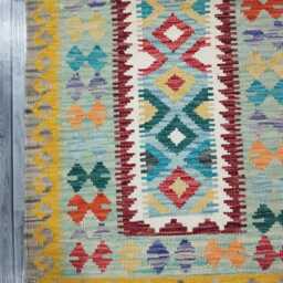 Colourful Runner Rug, Handmade Artisan Afghan Turkish, Scandinavian, Navajo, Bohemian, Wool Flatweave Multicolour Kilim Rug 195x96 cm - thumbnail 4