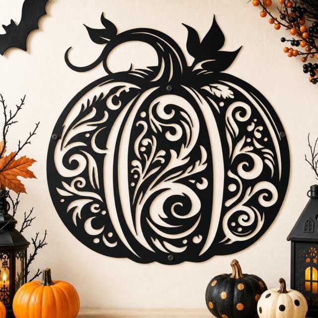 Ornate Filigree Pumpkin Metal Wall Sign, Floral Scroll Iron Hanging, Halloween Indoor Outdoor Porch Decor, Entryway Plaque - image 1
