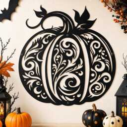 Ornate Filigree Pumpkin Metal Wall Sign, Floral Scroll Iron Hanging, Halloween Indoor Outdoor Porch Decor, Entryway Plaque - thumbnail 1