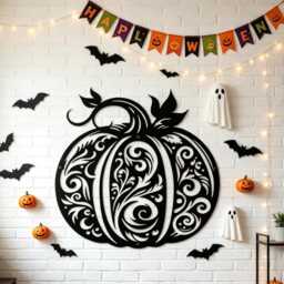 Ornate Filigree Pumpkin Metal Wall Sign, Floral Scroll Iron Hanging, Halloween Indoor Outdoor Porch Decor, Entryway Plaque - thumbnail 2