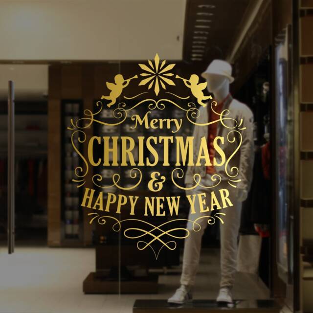 Merry Christmas & Happy New Year Window Decal, Wall Vinyl Sticker, Shop Sign, Display, Seasonal Decoration, Angels