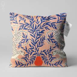 Ethnic Pink & Blue Cushion, Double Cheetahs in Leaves, Sided Pillow On The Soft Velvet With Multi Sizes, Cover Or Filling - thumbnail 1